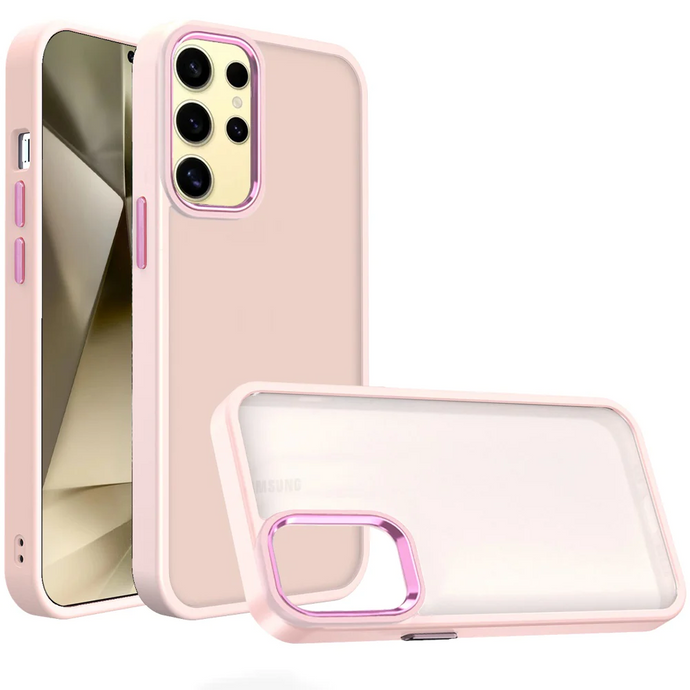 For Samsung Galaxy s24 Polished Oil Thick Acrylic Metal Button Hybrid Case Cover - Light Pink