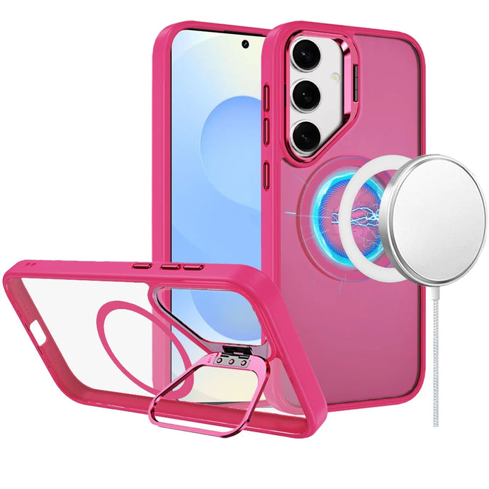 For Samsung s25/s24 Fearless Tough HQ Metallic Hybrid with Camera Ring Stand [Magnetic Circle] Case - Hot Pink