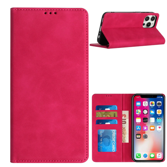 For Samsung A35 5g Wallet PU Vegan Leather ID Card Money Holder with Magnetic Closure in Slide-Out Package - Hot Pink