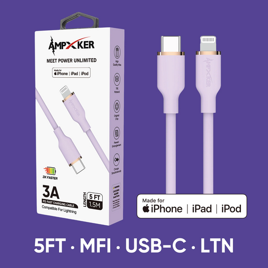 5 FT [TypeC - LIGHTNING] - MFI Apple Certified - 3A Fast Charging Silicone Cable - Light Purple/RoseGold (LANE A - RACK 3)