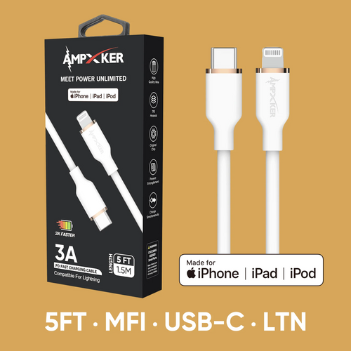 5 FT [TypeC - LIGHTNING] - MFI Apple Certified - 3A Fast Charging Silicone Cable - White/RoseGold (LANE A - RACK 3)