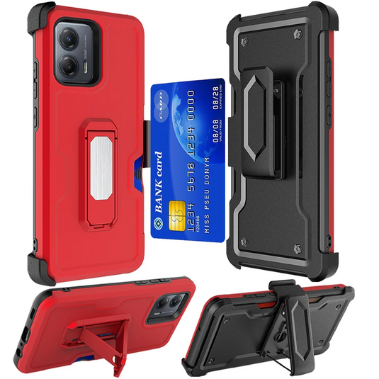 For Motorola Moto G 5G 2024 CARD Holster with Kickstand Clip Hybrid Case Cover - Black