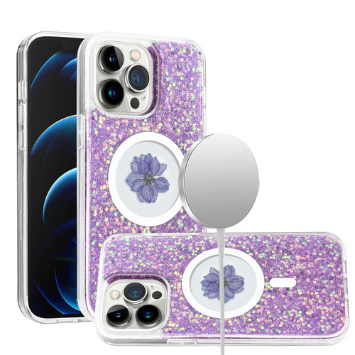 For iP15 Pro Max Magnetic Ring Circle Real Flower Epoxy Glitter Hybrid Case Cover - Light Purple