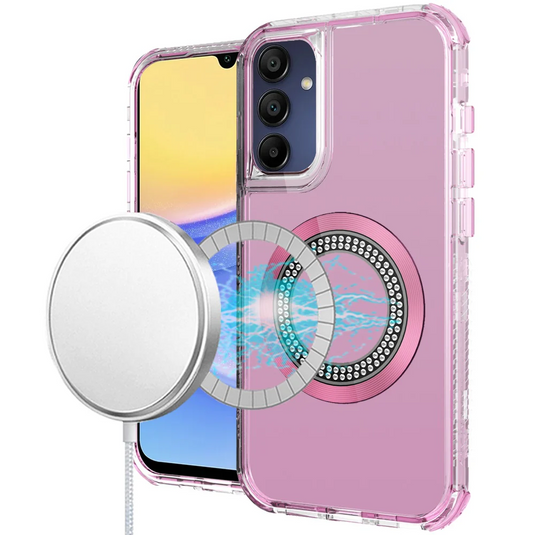 For Samsung A15 5G Magnetic Ring Circle Bling Chrome 3in1 Hybrid Case - Pink