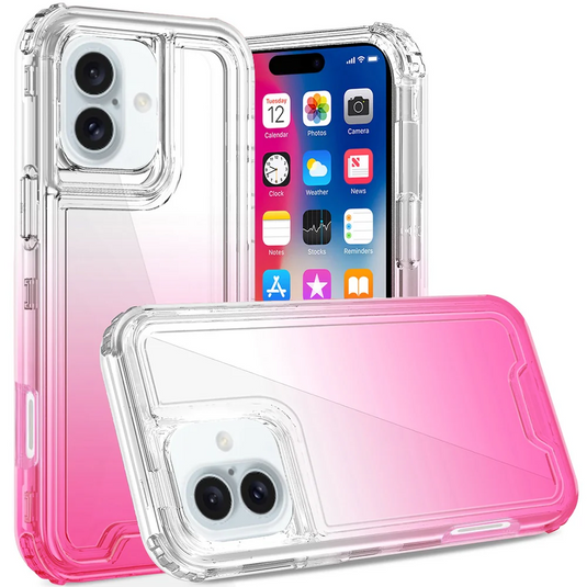 For iPhone 16 6.1 inch 3in1 Two Tone Shockproof Transparent Hybrid Case - Clear + Pink
