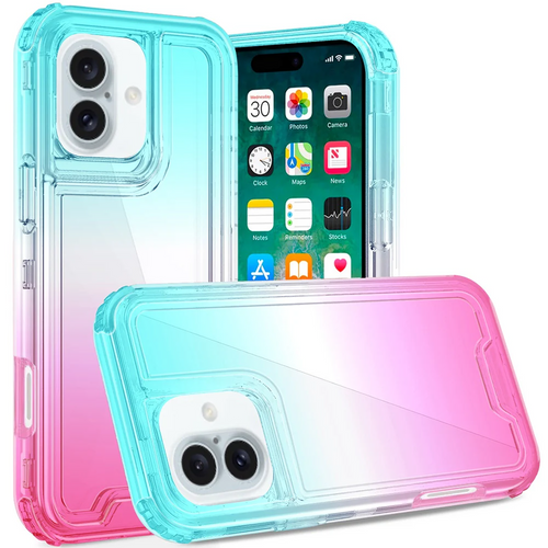 For iPhone 16 Plus 6.7 inch3in1 Two Tone Shockproof Transparent Hybrid Case - Light Blue + Pink