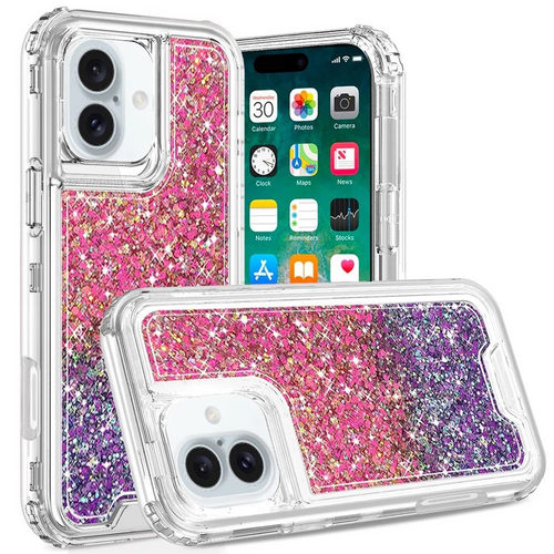 For iPhone 16 Plus 6.7 inch Epoxy Sticker Glitter 3in1 Shockproof Transparent Hybrid Case - Hot Pink + Purple