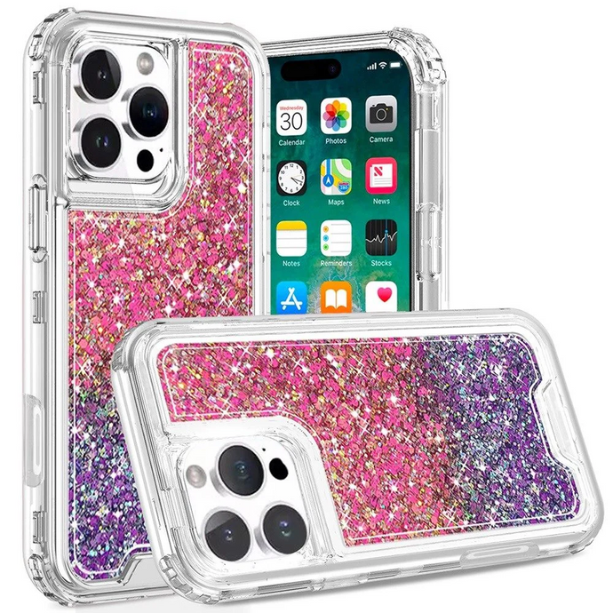 For iPhone 16 Pro Max 6.9 inch Epoxy Sticker Glitter 3in1 Shockproof Transparent Hybrid Case - Hot Pink + Purple