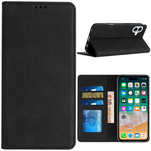 For iPhone 16 Plus 6.7 inch Wallet Premium PU Vegan Leather ID Card Money Holder with Magnetic Closure - Black