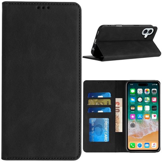 For iPhone 16 Plus 6.7 inch Wallet Premium PU Vegan Leather ID Card Money Holder with Magnetic Closure - Black