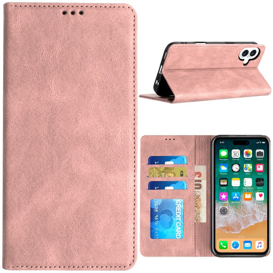 For iPhone 16 Plus 6.7 inch Wallet Premium PU Vegan Leather ID Card Money Holder with Magnetic Closure - Rose Gold