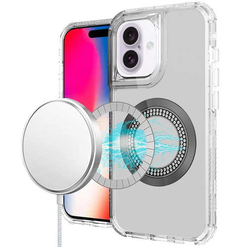 For iPhone 16 6.1 inch Magnetic Ring Circle Bling Chrome 3in1 Hybrid Case - Clear