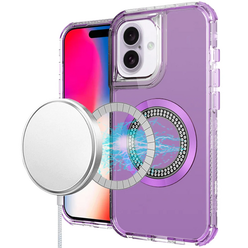 For iPhone 16 6.1 inch Magnetic Ring Circle Bling Chrome 3in1 Hybrid Case - Purple