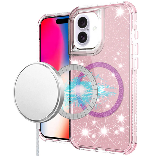 For iPhone 16 6.1 inch Magnetic Ring Glitter 3in1 Hybrid Case Cover - Pink