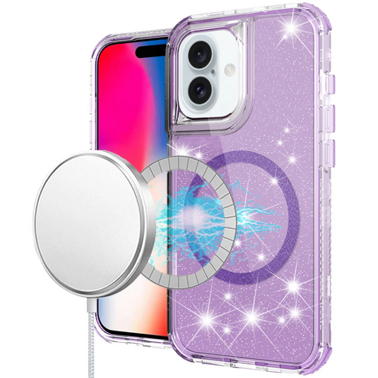 For iPhone 16 6.1 inch Magnetic Ring Glitter 3in1 Hybrid Case Cover - Purple