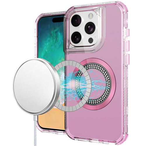 For iPhone 16 Pro Max 6.9 inch Magnetic Ring Circle Bling Chrome 3in1 Hybrid Case - Pink