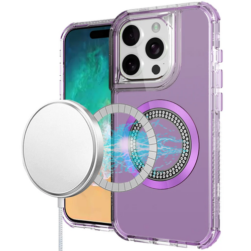 For iPhone 16 Pro Max 6.9 inch Magnetic Ring Circle Bling Chrome 3in1 Hybrid Case - Purple