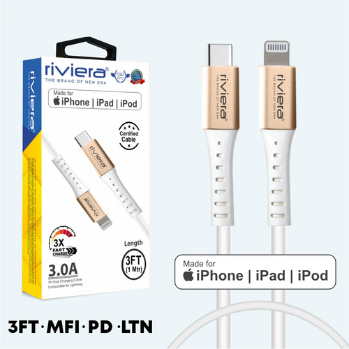 3 Feet - [Type C (PD) - iPhone Lightning - MFI] 3 AMP RIVIERA - Fast Charging Cable - White (8)