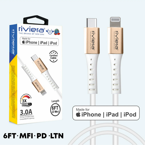 6 Feet - [Type C (PD) - iPhone Lightning - MFI] - 3 AMP Fast Charging Cable - RIVIERA - White (10)