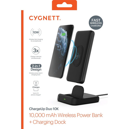 Cygnett CY3038PBCHE ChargeUp Duo 10,000 mAh Wireless Power Bank and Charging Dock - Black (LANE B RACK 8)