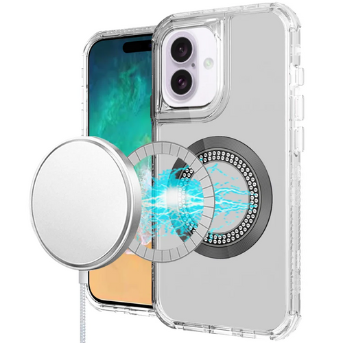 For iPhone 16 Plus 6.7 inch Magnetic Ring Circle Bling Chrome 3in1 Hybrid Case - Clear