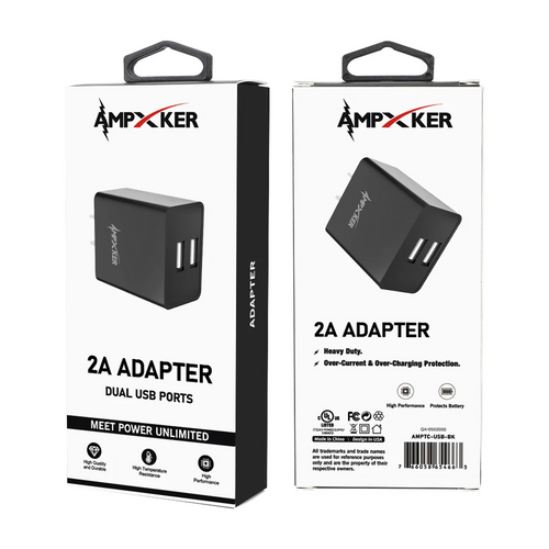 Dual USB Port - Wall Adapter Charger - 2 AMP - Black (item#14)