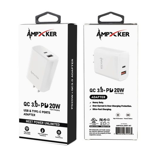 USB & USB-C - Dual Port - Wall Adapter Charger - QC 3.0 Amp + PD 20W - WHITE (item