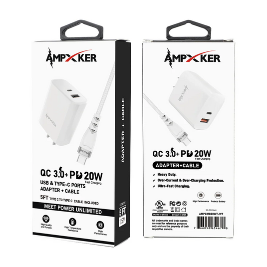 COMBO - USB & USB-C - Dual Port -Wall Adapter Charger + 5FT Cable - QC 3.0 Amp + PD 20W - WHITE (item#9)