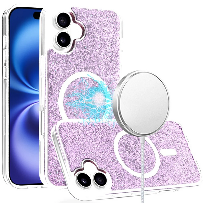 For iPhone 16 6.1 inch Epoxy Glitter [Magnetic Circle] ShockProof Hybrid 2.5mm Thick - Light Purple