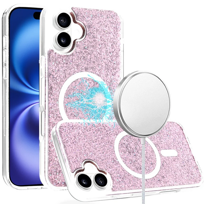 For iPhone 16 6.1 inch Epoxy Glitter [Magnetic Circle] ShockProof Hybrid 2.5mm Thick - Rose Gold