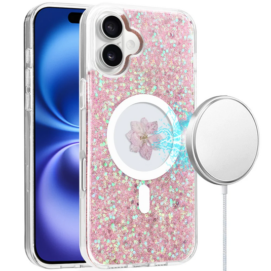 For iPhone 16 6.1 inch Magnetic Ring Circle Real Flower Epoxy Glitter Hybrid Case Cover - Rose Gold