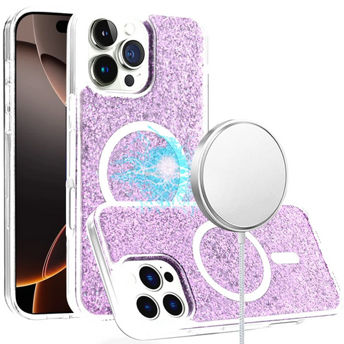 For iPhone 16 Pro Max 6.9 inch Epoxy Glitter [Magnetic Circle] ShockProof Hybrid 2.5mm Thick - Light Purple