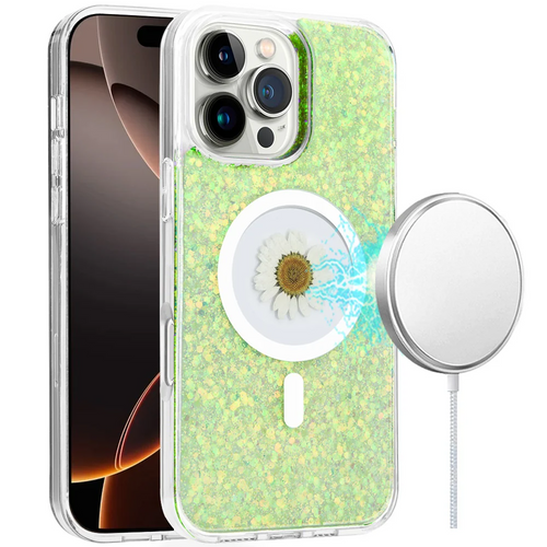 For iPhone 16 Pro Max 6.9 inch Magnetic Ring Circle Real Flower Epoxy Glitter Hybrid Case Cover - Green