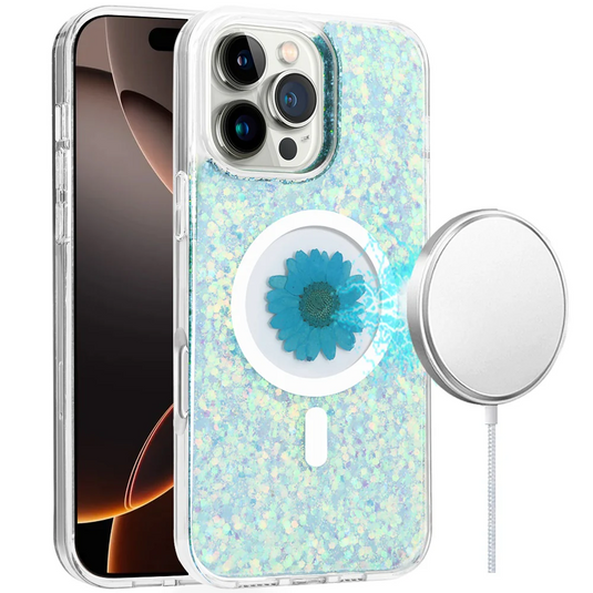 For iPhone 16 Pro Max 6.9 inch Magnetic Ring Circle Real Flower Epoxy Glitter Hybrid Case Cover - Light Blue