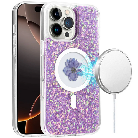 For iPhone 16 Pro Max 6.9 inch Magnetic Ring Circle Real Flower Epoxy Glitter Hybrid Case Cover - Light Purple