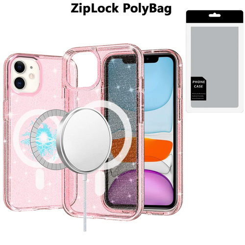 [PolyBag] For iPhone 11 Glitter Ultra [Magnetic Circle] Thick 3mm Transparent Hybrid - Pink