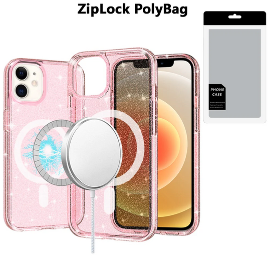 [PolyBag] For iPhone 12 & iPhone 12 Pro Glitter Ultra [Magnetic Circle] Thick 3mm Transparent Hybrid - Pink