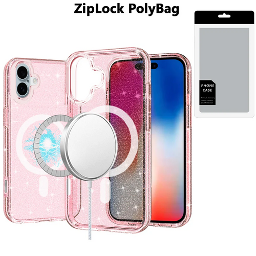 [PolyBag] For iPhone 16 6.1 inch Glitter Ultra [Magnetic Circle] Thick 3mm Transparent Hybrid - Pink