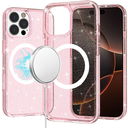 For iPhone 16 Pro 6.3 inch Glitter Ultra [Magnetic Circle] Thick 3mm Transparent Hybrid - Pink