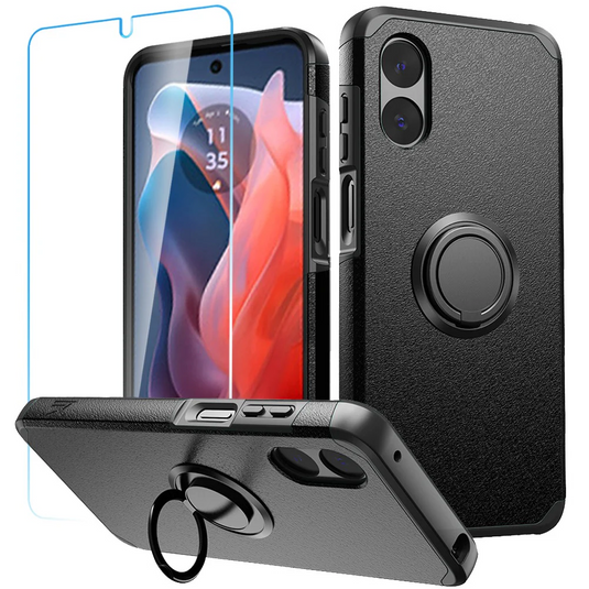 For Motorola Moto G Play 2024 Tough Hybrid With Ring Stand + Tempered Glass - Black