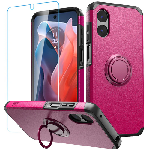 For Motorola Moto G Play 2024 Tough Hybrid With Ring Stand + Tempered Glass - Hot Pink