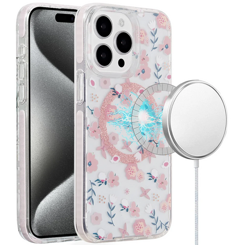 For iP15 Pro Max Magnetic Double Layer IMD Design Case - Pink Floral