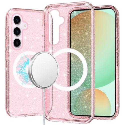 For Samsung S24 FE Glitter Ultra [Magnetic Circle] Thick 3mm Transparent Hybrid - Pink