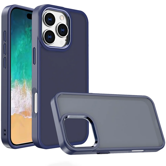 For iPhone 16 Pro Max 6.9 inch Polished Oil Thick Acrylic Metal Button Hybrid Case Cover - Dark Blue