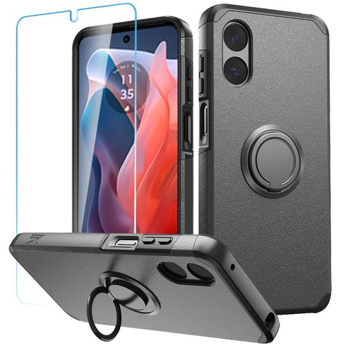 For Motorola Moto G Play 2024 Tough Hybrid With Ring Stand + Tempered Glass - Charcoal Grey