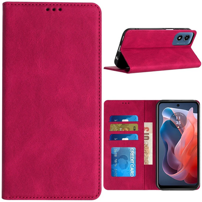 For Motorola Moto G Play 2024 Wallet Premium PU Vegan Leather ID Card Money Holder with Magnetic Closure - Hot Pink