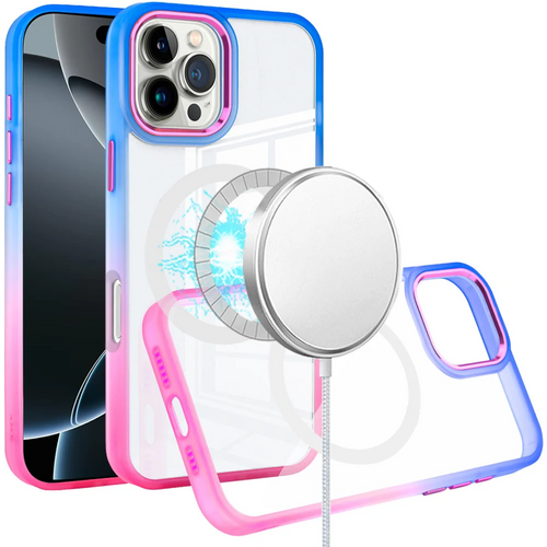 For iPhone 16 Pro Max 6.9 inch Radiant Two Tone [Magnetic Circle] ShockProof Transparent Thick Hybrid - Blue/Hot Pink