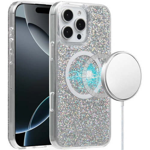 For iPhone 16 Pro Max 6.9 inch Magnetic Glitter Epoxy Transparent Hybrid - Silver Glitter