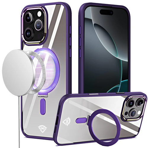 For iPhone 16 Pro Max 6.9 inch Dazzle Magnetic Ring Stand Alloy Chrome Transparent Hybrid Case Cover - Dark Purple