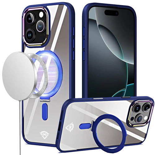 For iPhone 16 Pro Max 6.9 inch Dazzle [Magnetic Circle] Kickstand Alloy Chrome Transparent Hybrid - Navy Blue